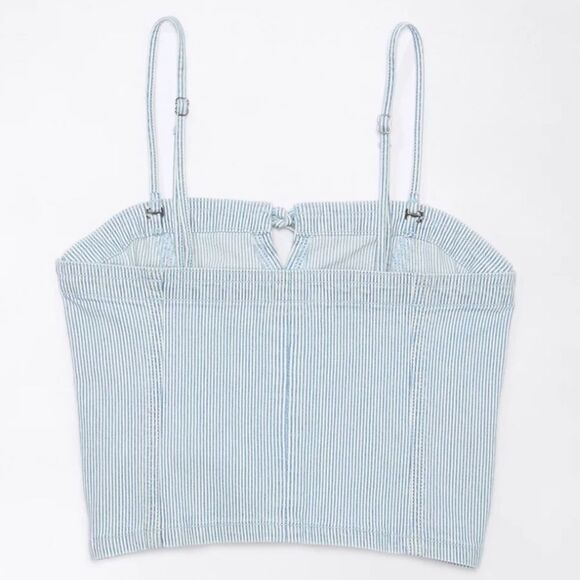 AE Light Blue Pin Stripe Vintage Wash Railroad Denim Cropped Spaghetti Top - Picture 7 of 17